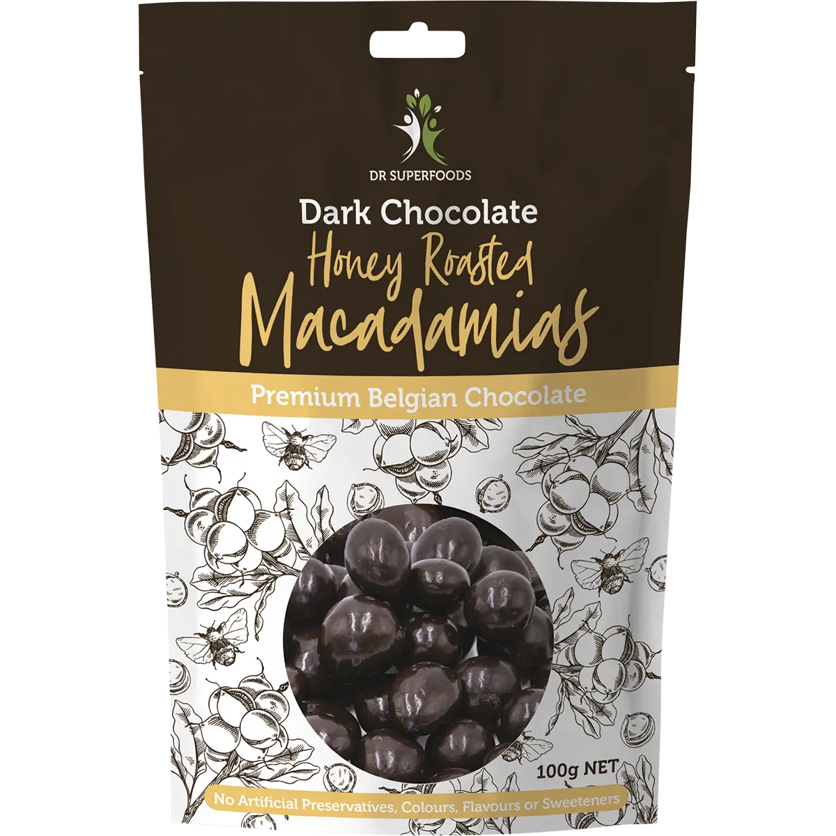 Dr Superfoods Honey Roasted Macadamias Dark Chocolate 100g — front pack image (UHP)