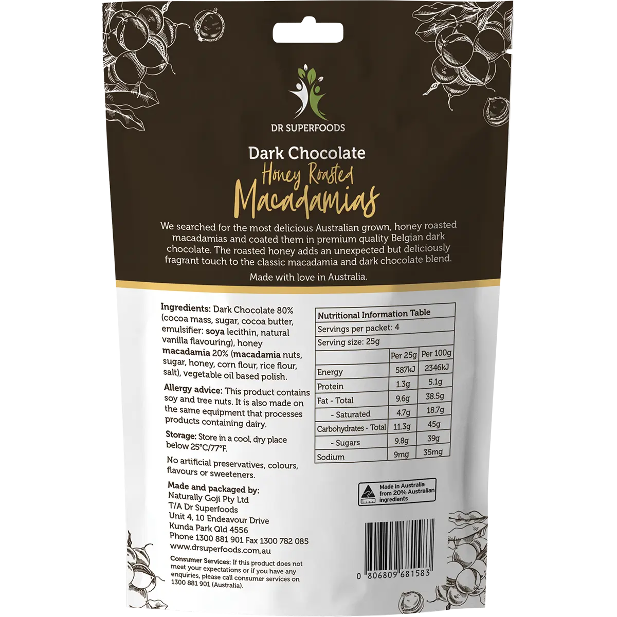 Dr Superfoods Honey Roasted Macadamias Dark Chocolate 100g — back pack image (UHP)