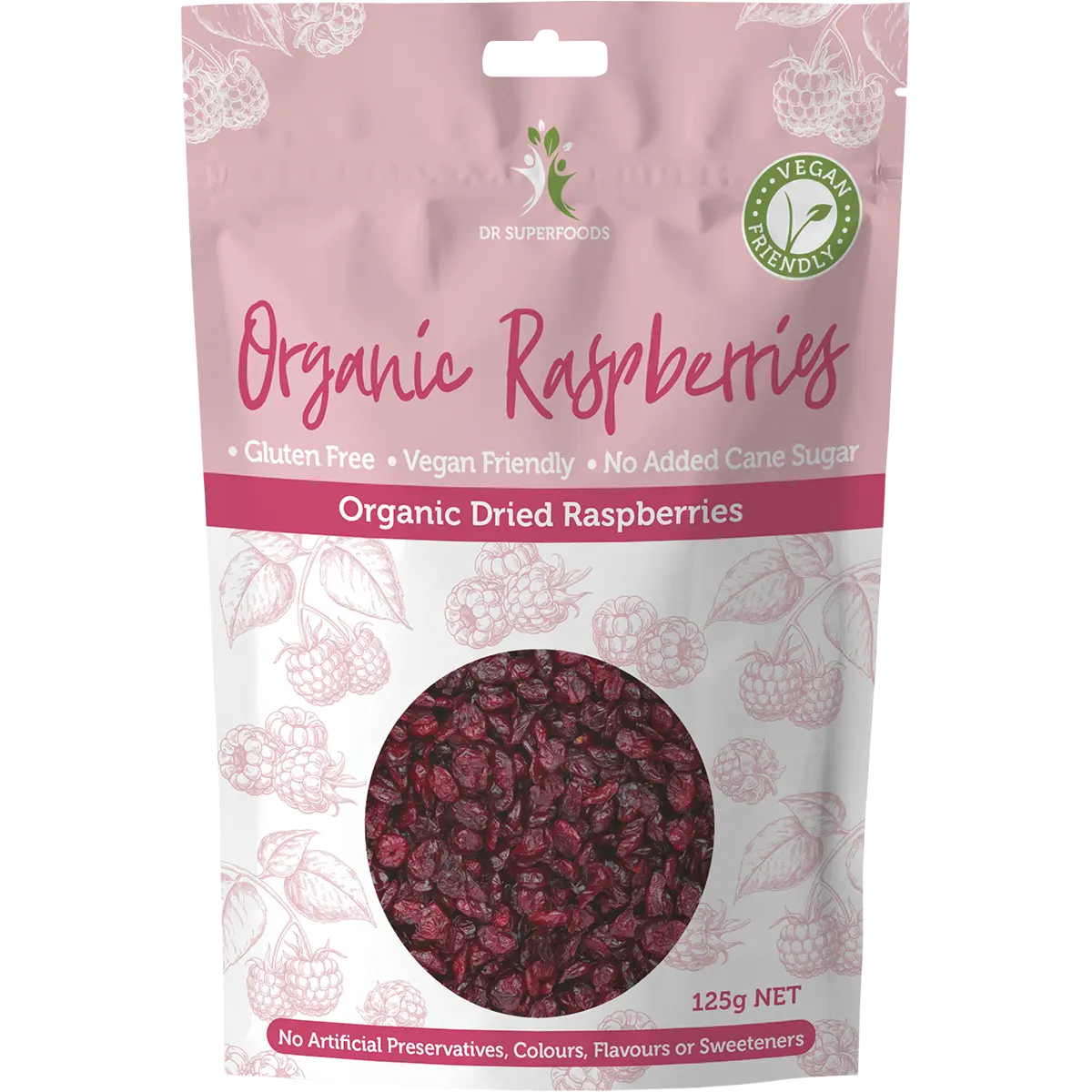Dr Superfoods Dried Raspberries Organic 125g — front pack image (UHP)