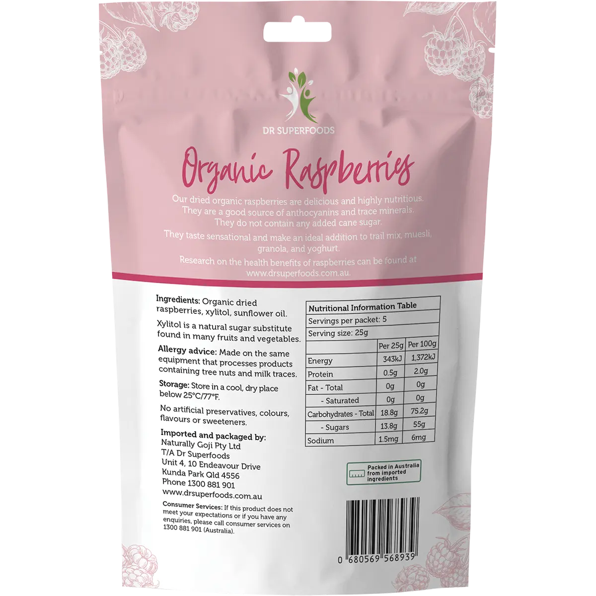 Dr Superfoods Dried Raspberries Organic 125g — back pack image (UHP)
