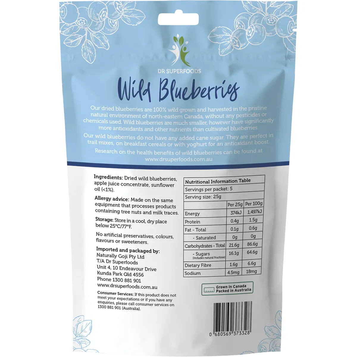 Dr Superfoods Dried Wild Blueberries 125g — back pack image (UHP)