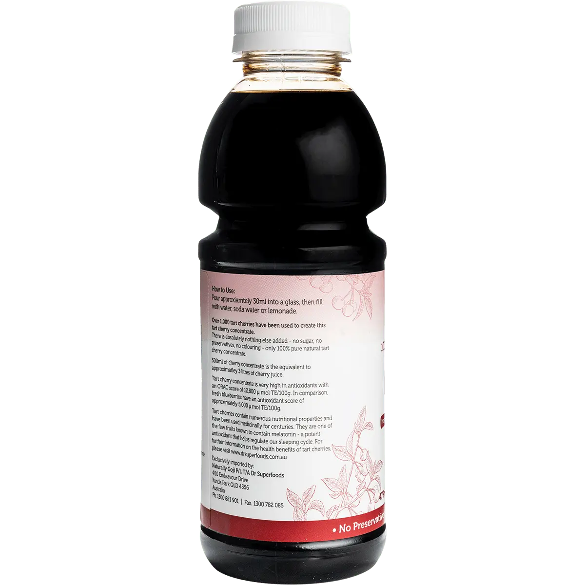 Dr Superfoods Tart Cherry Concentrate 473ml — side pack image (UHP)