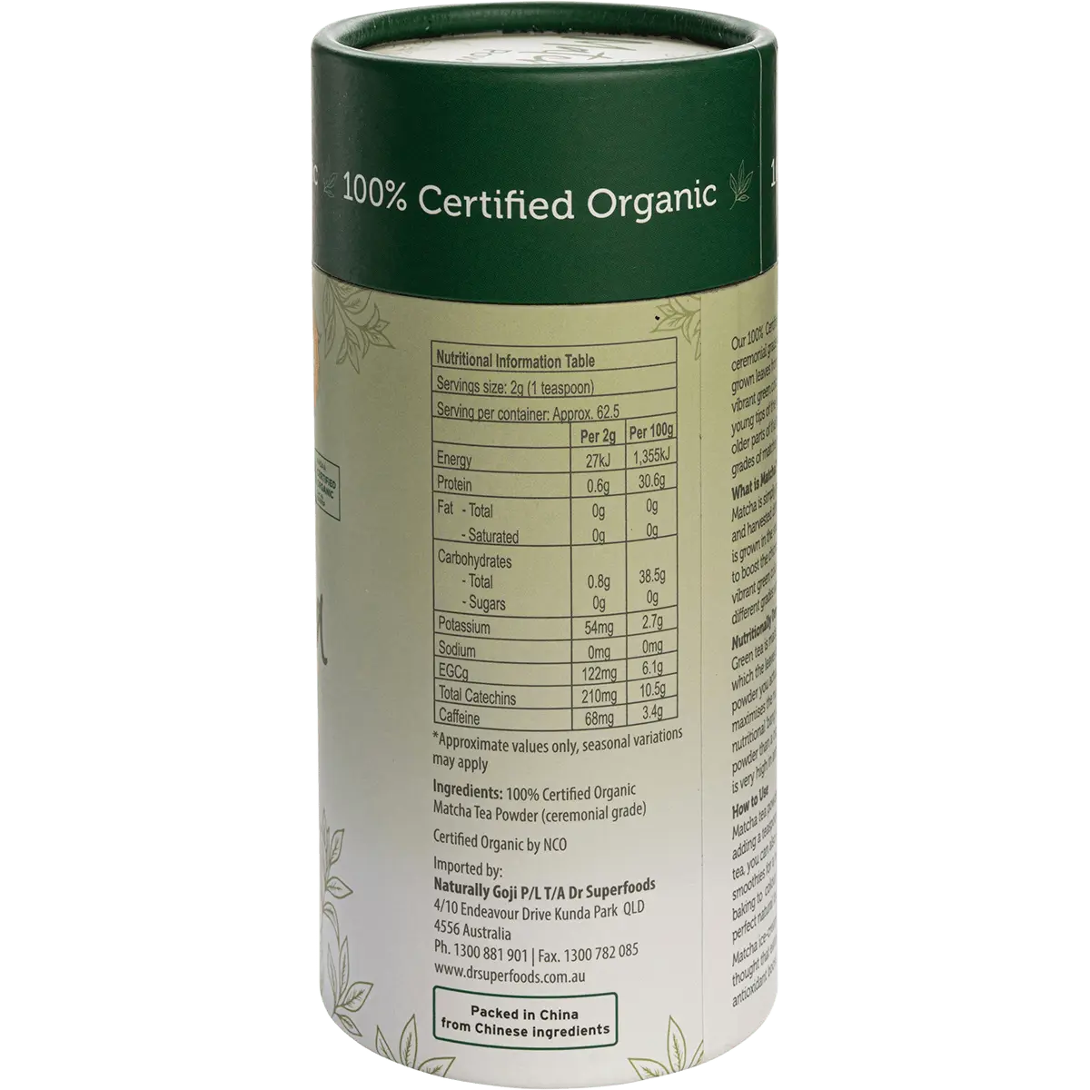 Dr Superfoods Matcha Tea Powder 125g — side pack image (UHP)