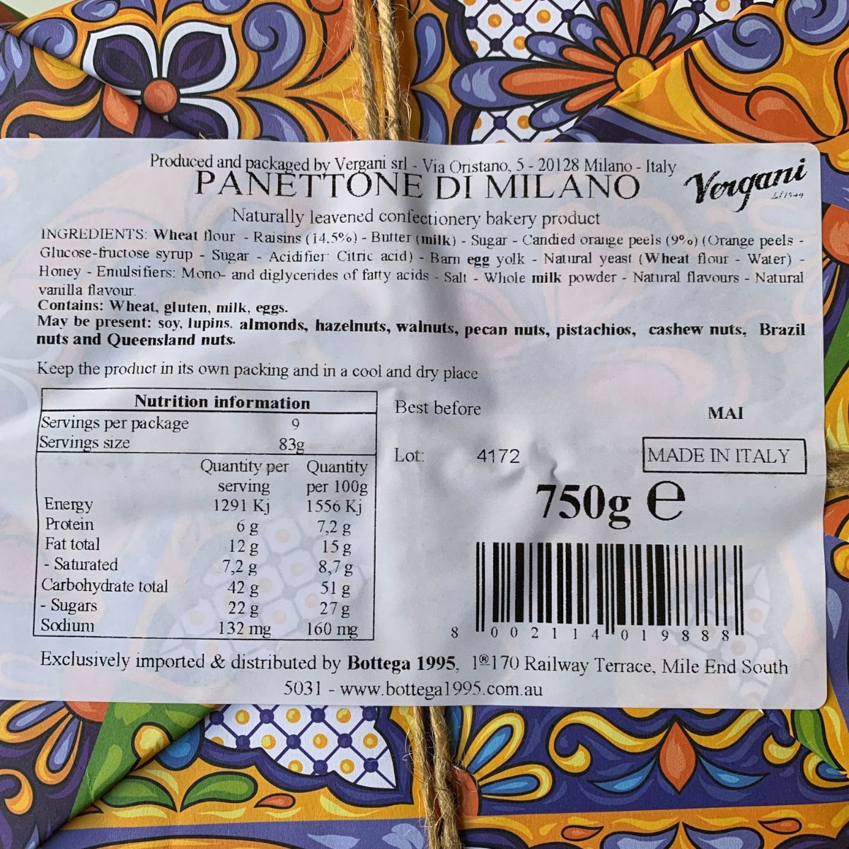 Vergani Classic Panettone Sicily Wrap 750g