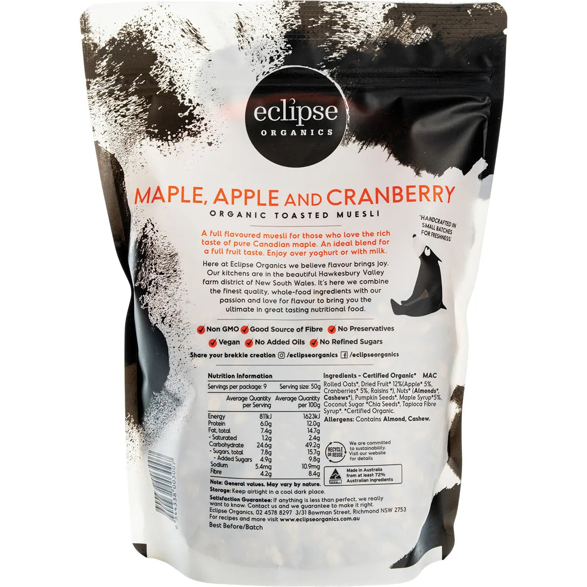 Eclipse Organics Muesli Maple, Apple & Cranberry 450g