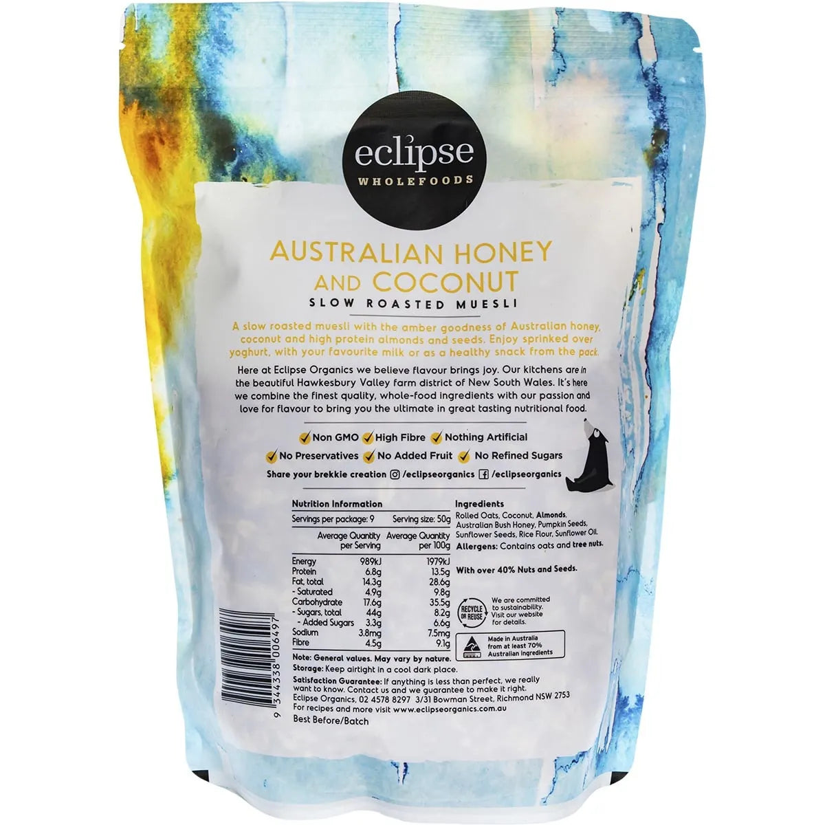 (CLEARANCE - BBD 5/7/24) Eclipse Organics Slow Roasted Muesli Australian Honey & Coconut 450g