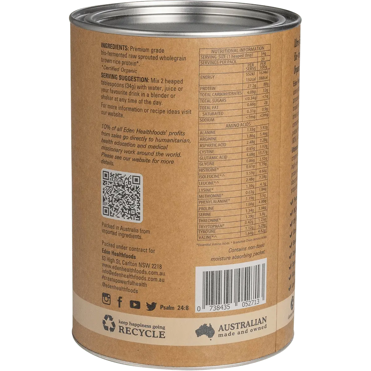 Eden Healthfoods Ultimate Protein Sprouted Brown Rice Natural — side pack image (UHP)
