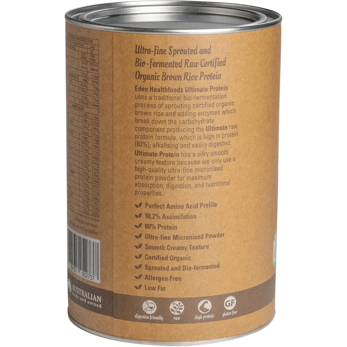 Eden HealthFoods Ultimate Protein Sprouted Brown Rice Chocolate — side pack image (UHP)