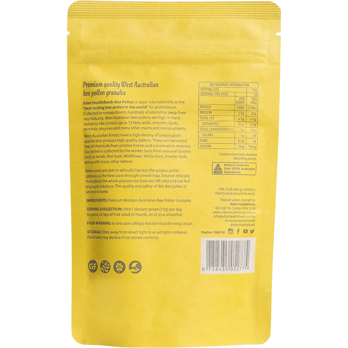 Eden Healthfoods - Bee Pollen Raw and Unprocessed 180g — back pack image (UHP)