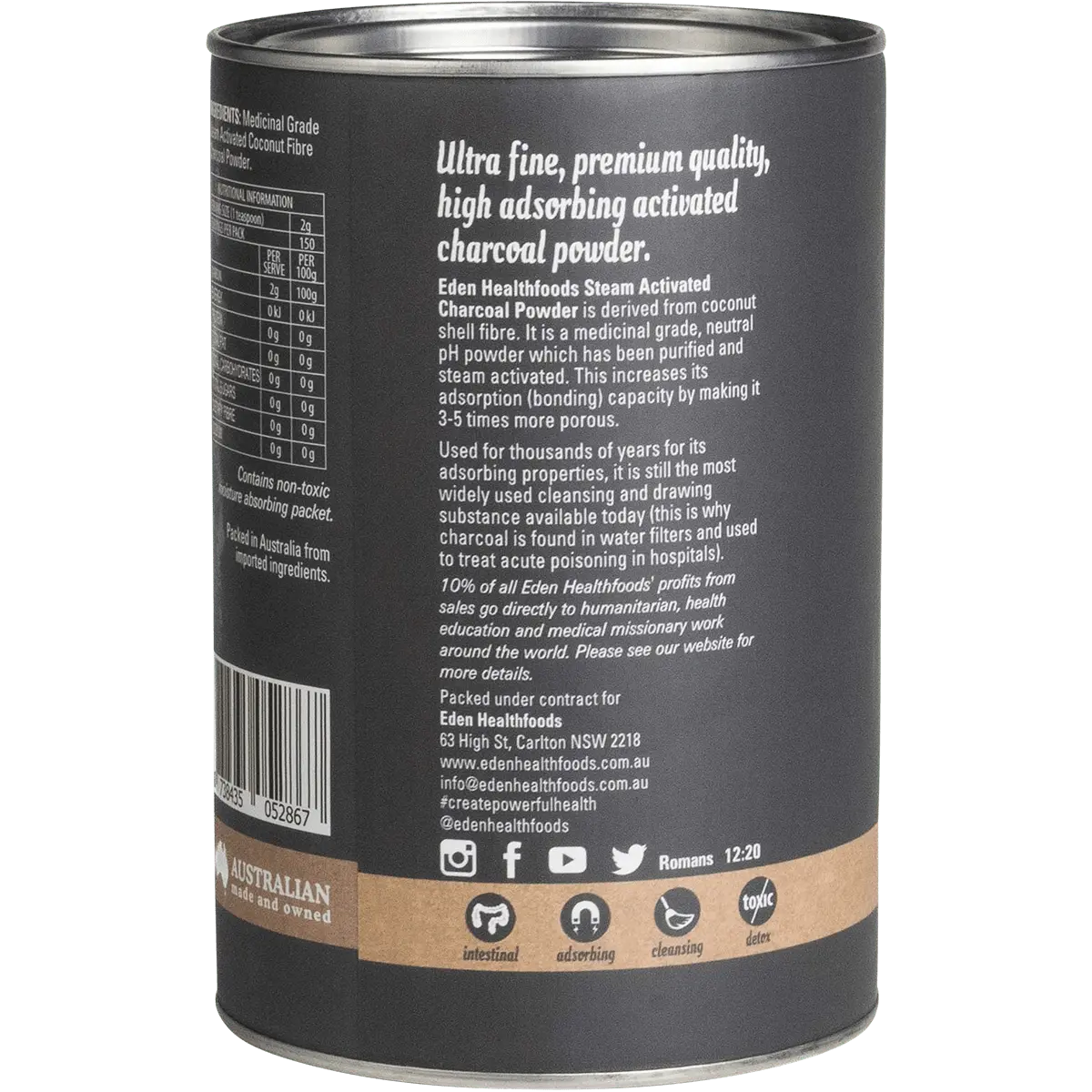 Eden Healthfoods Activated Charcoal Steam Activated Powder — side pack image (UHP)