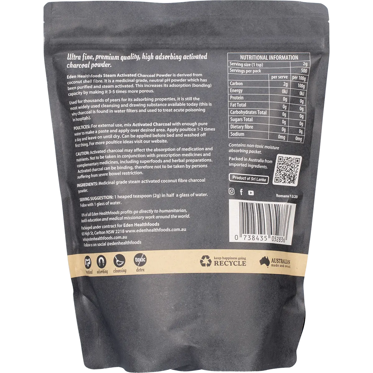 Eden Healthfoods Activated Charcoal Steam Activated Powder — back pack image (UHP)