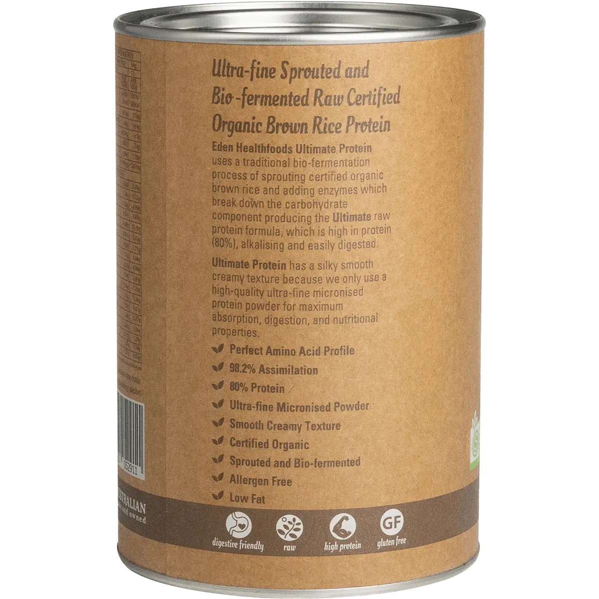 Eden HealthFoods Ultimate Protein Sprouted Brown Rice Chocolate — side pack image (UHP)