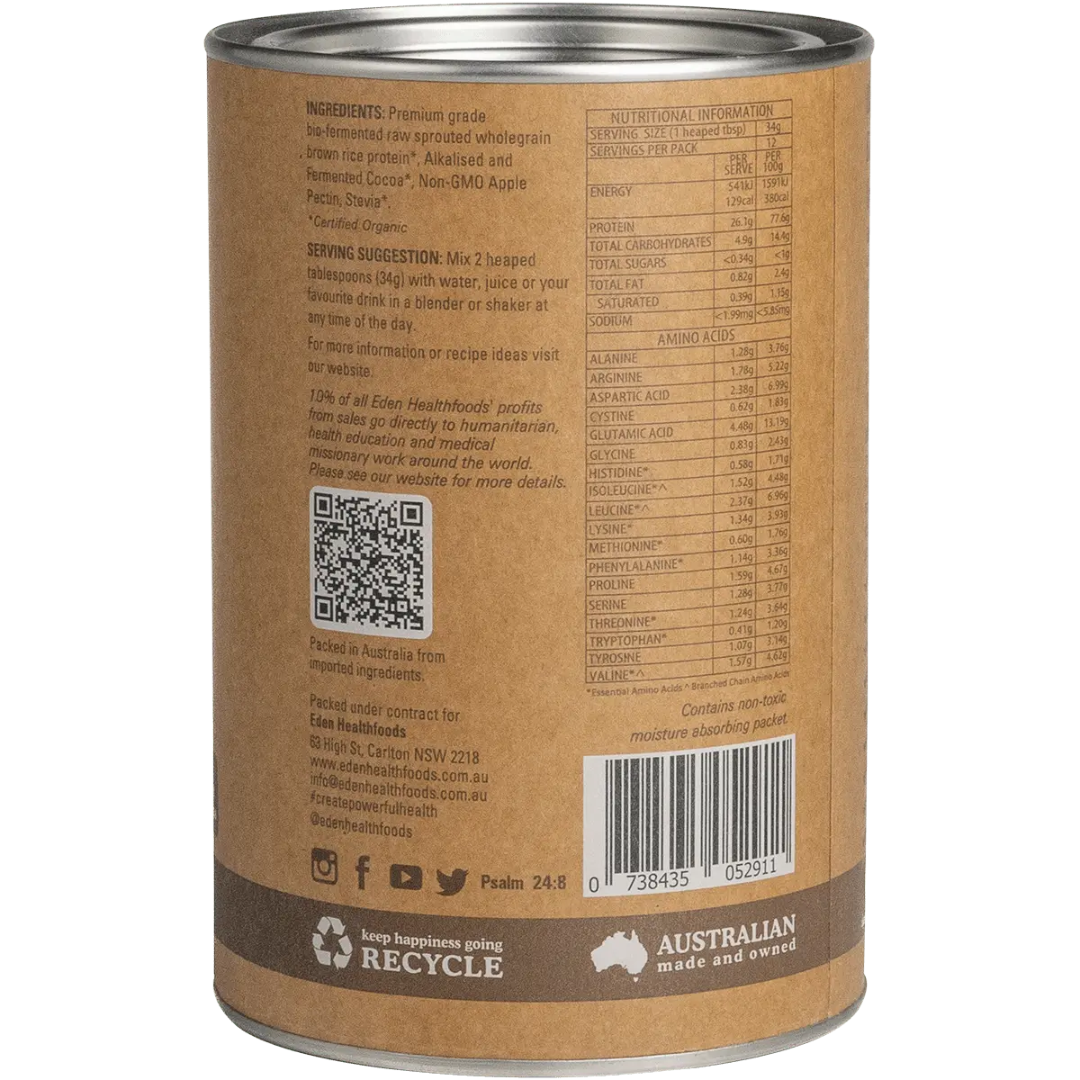 Eden HealthFoods Ultimate Protein Sprouted Brown Rice Chocolate — side pack image (UHP)