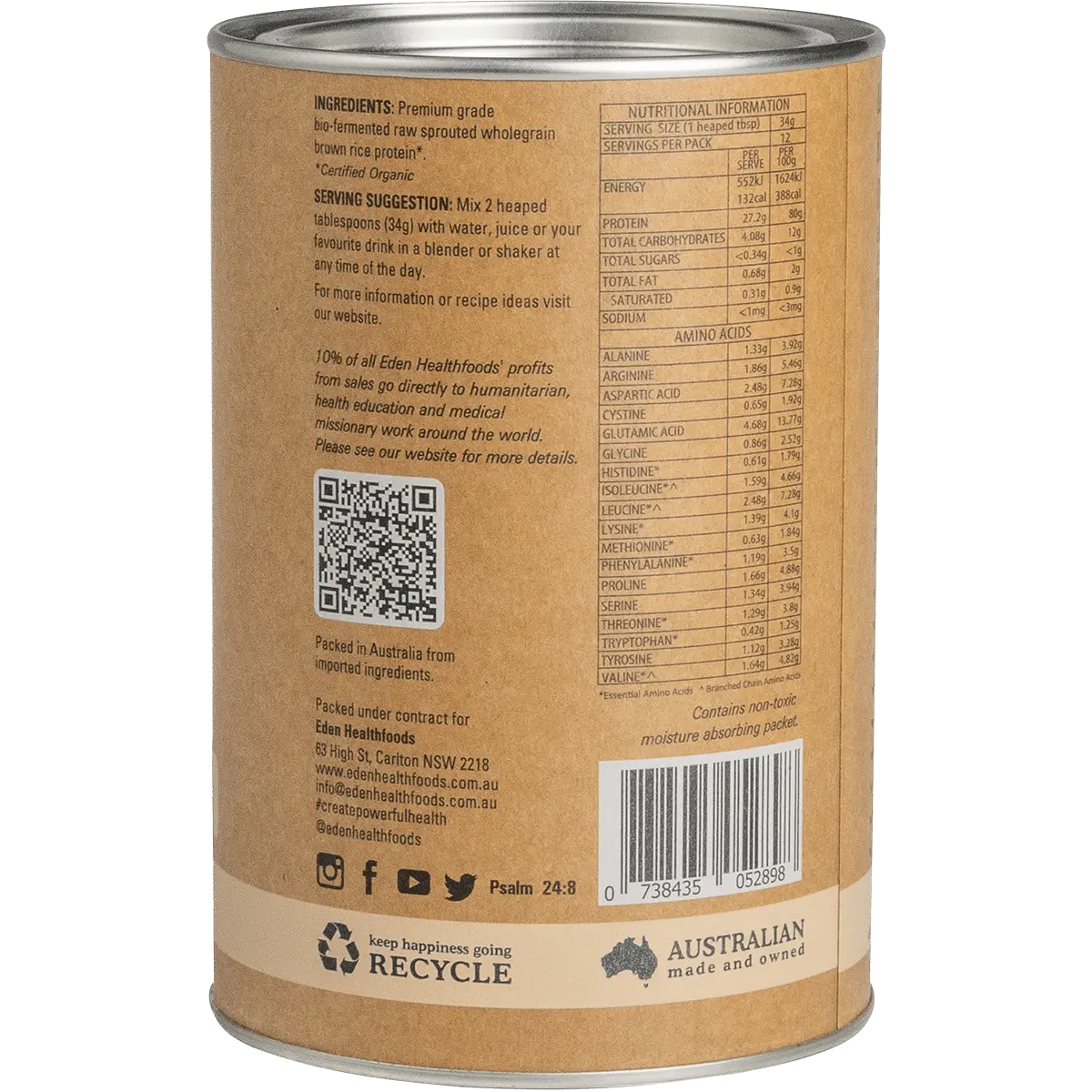 Eden Healthfoods Ultimate Protein Sprouted Brown Rice Natural — side pack image (UHP)