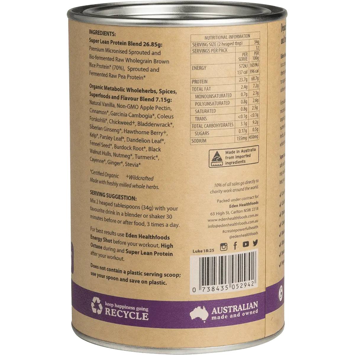 Eden HealthFoods Super Lean Protein Cinnamon & Vanilla — side pack image (UHP)