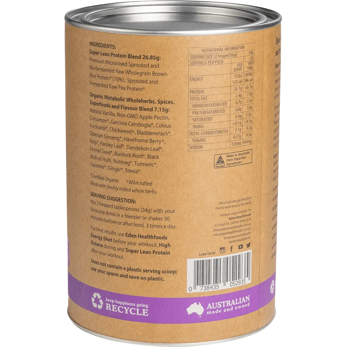 Eden HealthFoods Super Lean Protein Cinnamon & Vanilla — side pack image (UHP)