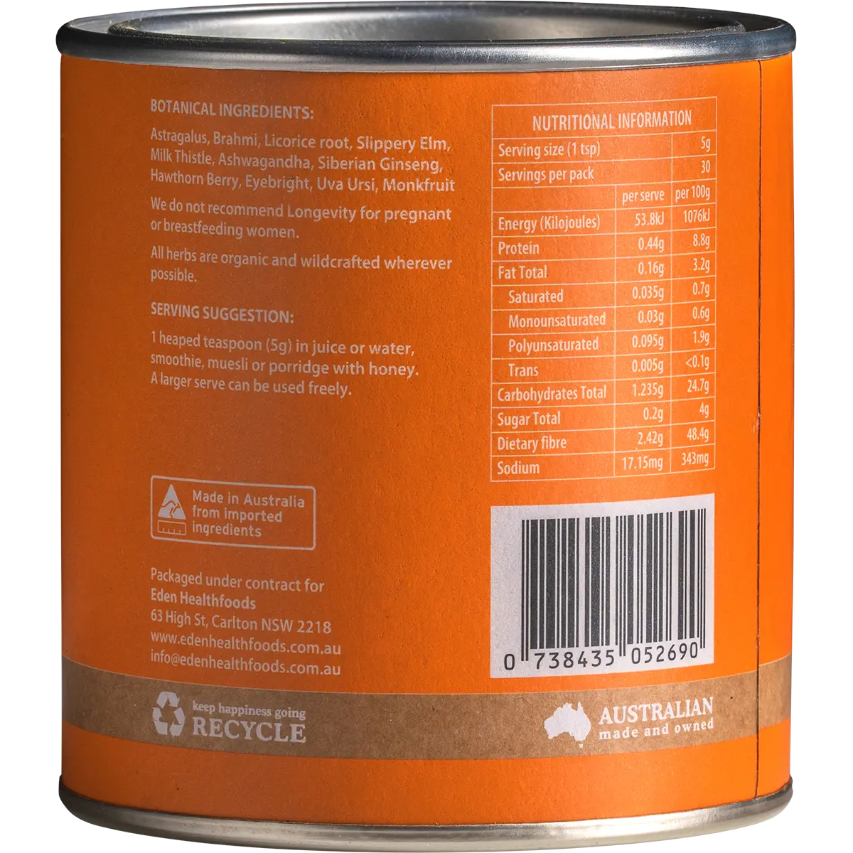 Eden Healthfoods - Longevity Whole Body Tonic 150g — side pack image (UHP)