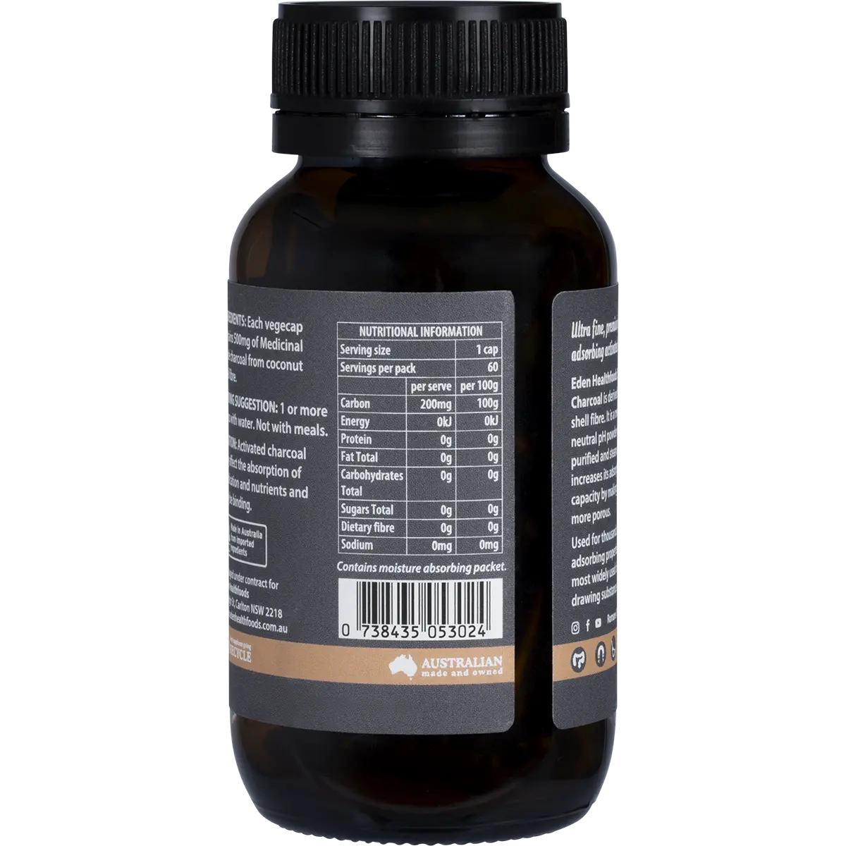 Eden Healthfoods Activated Charcoal Steam Activated Charcoal Powder 60 Caps — side pack image (UHP)