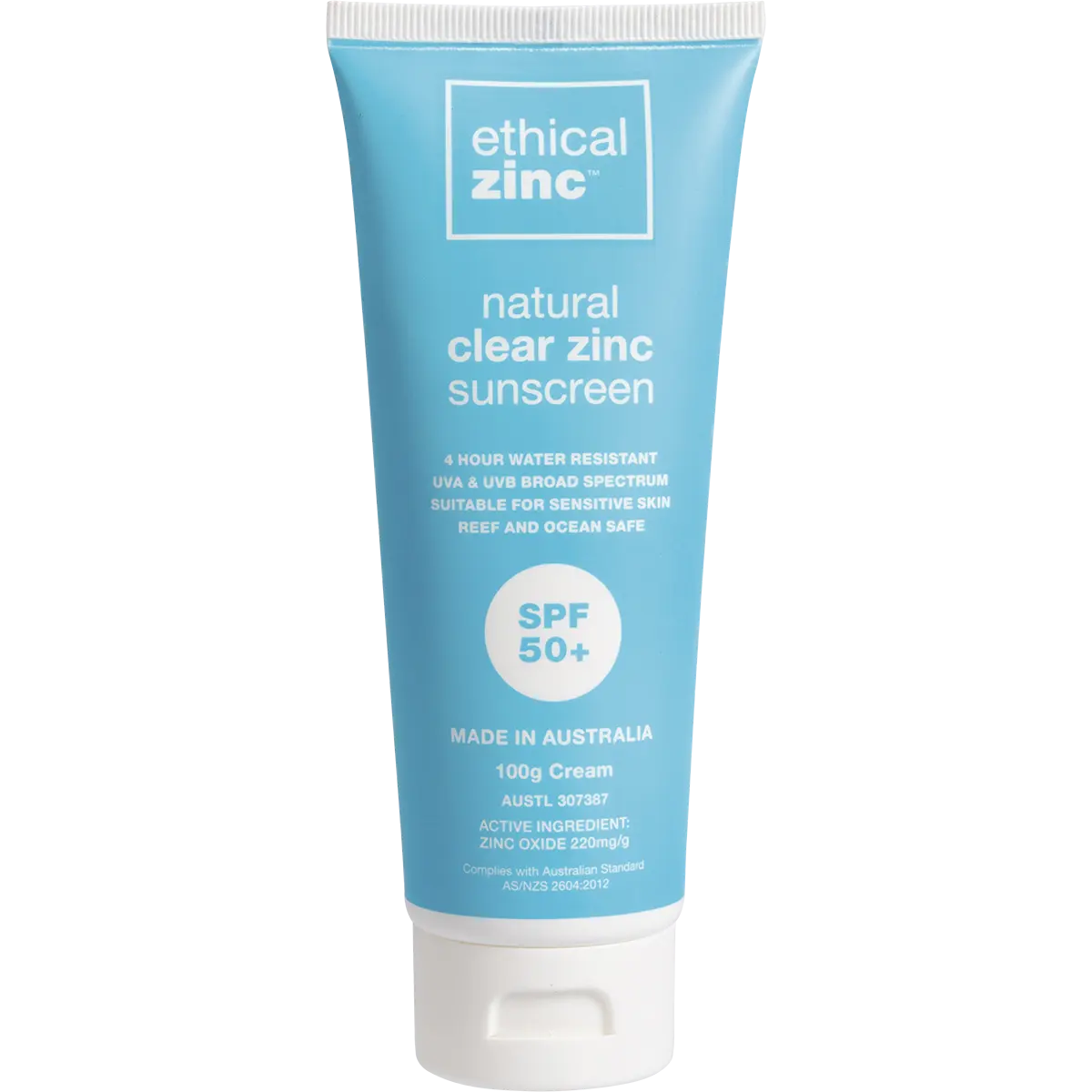 Ethical Zinc Natural Clear Zinc Sunscreen SPF 50+ 100g — front pack image (UHP)