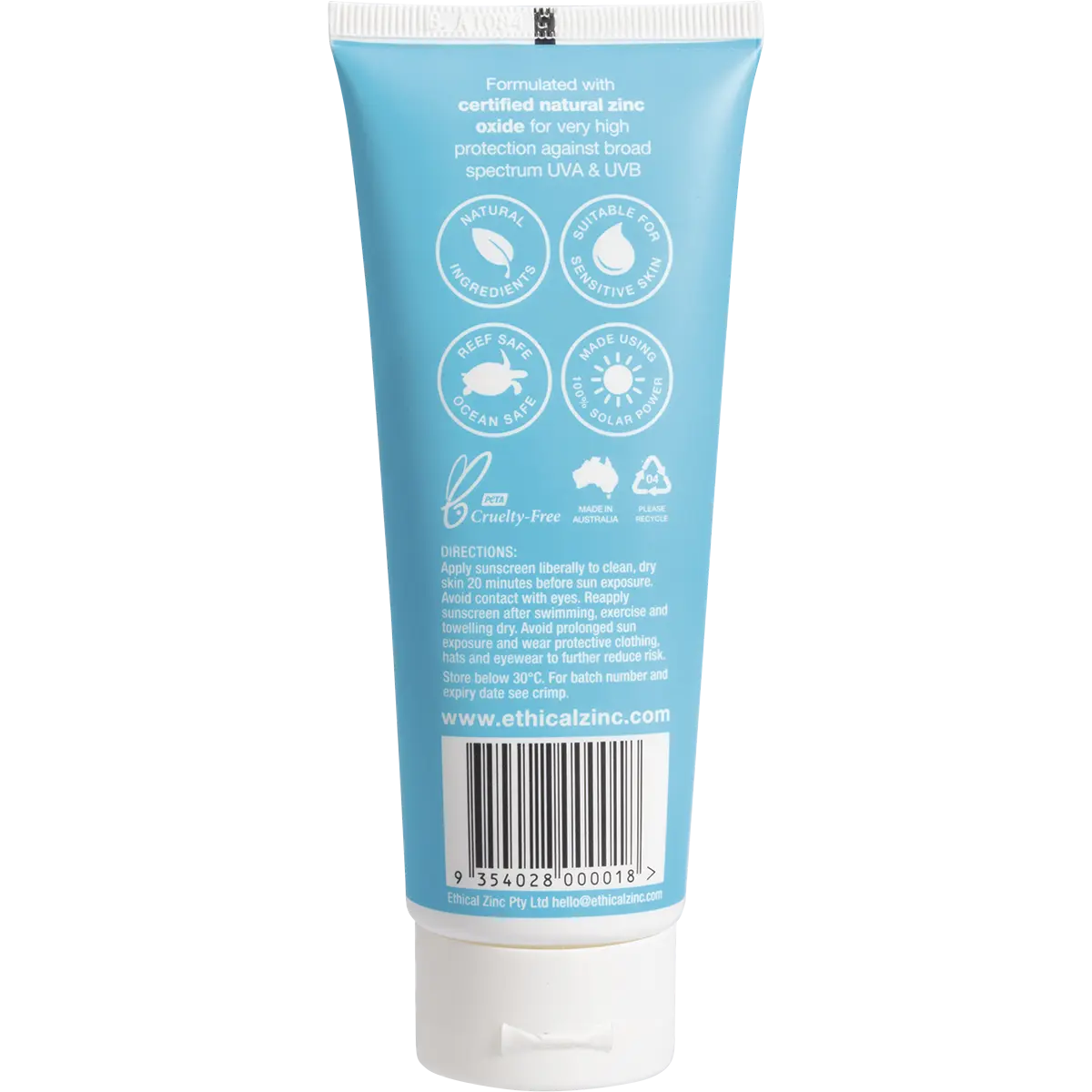 Ethical Zinc Natural Clear Zinc Sunscreen SPF 50+ 100g — back pack image (UHP)