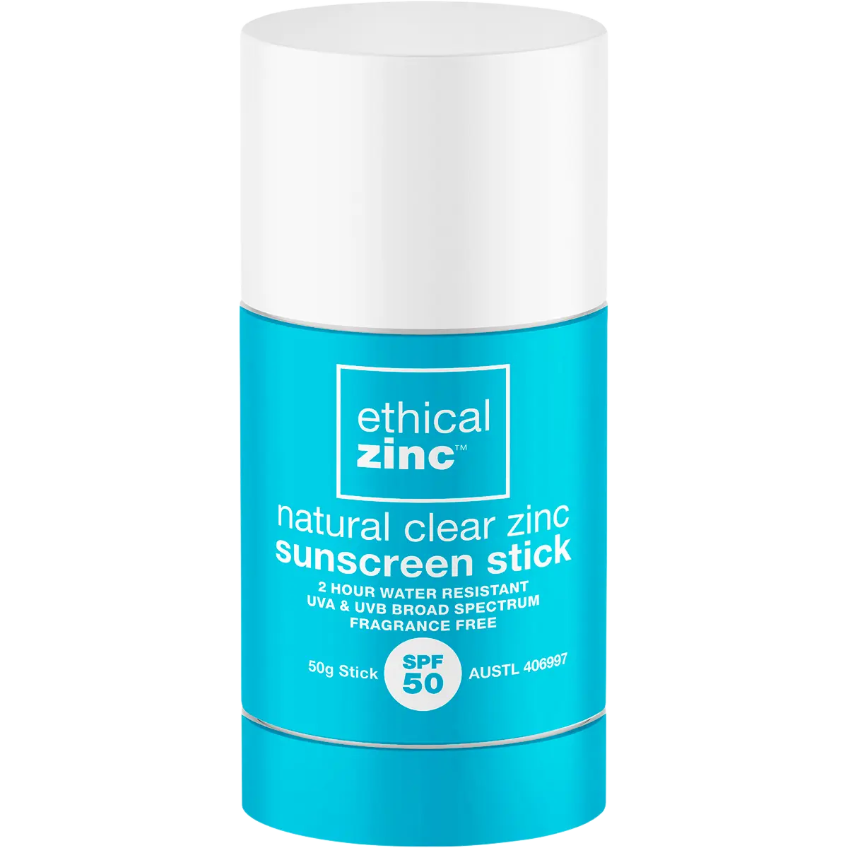 Ethical Zinc Natural Clear Zinc Sunscreen Stick SPF 50 50g — front pack image (UHP)