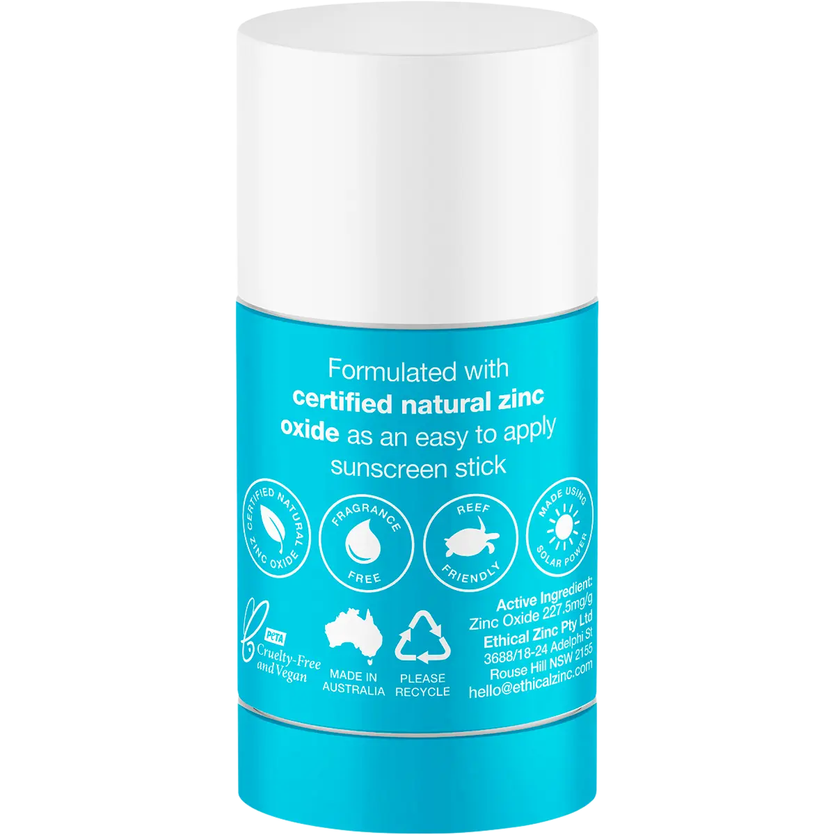 Ethical Zinc Natural Clear Zinc Sunscreen Stick SPF 50 50g — back pack image (UHP)