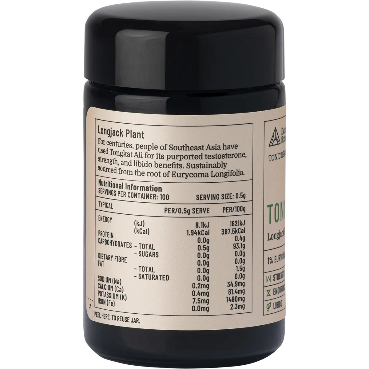 Evolution Botanicals Tongkat Ali Longjack Plant 50g — side pack image (UHP)