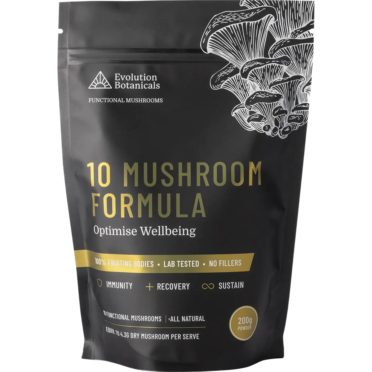 Evolution Botanicals 10 Mushroom Formula Optimise Wellbeing — front pack image (UHP)