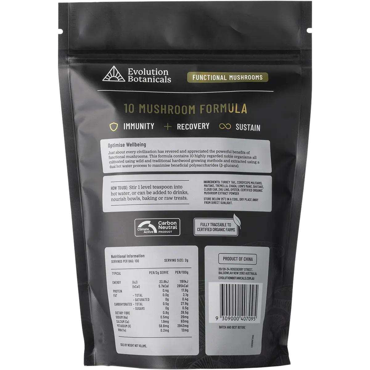 Evolution Botanicals 10 Mushroom Formula Optimise Wellbeing — back pack image (UHP)