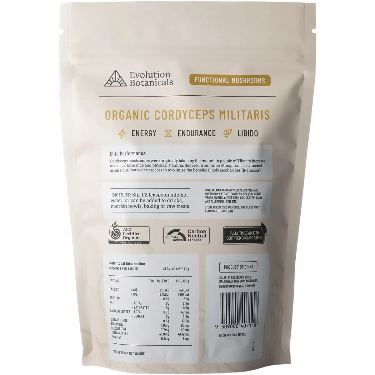 Evolution Botanicals Organic Cordyceps Militaris Elite Performance — back pack image (UHP)