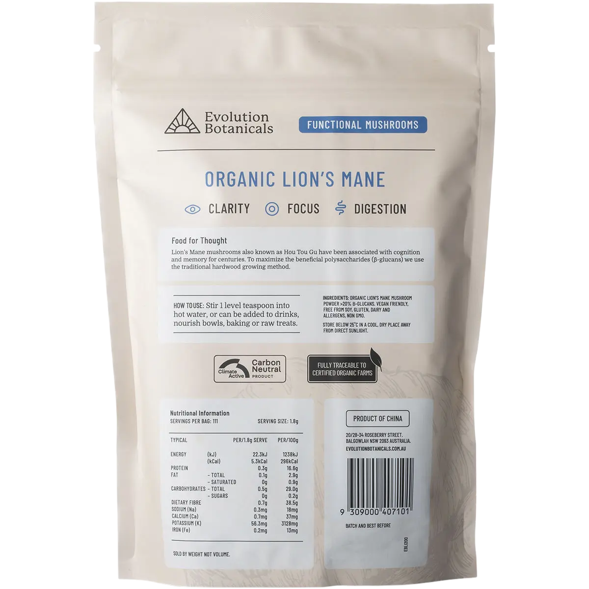 Evolution Botanicals Organic Lion's Mane Food For Thought — back pack image (UHP)