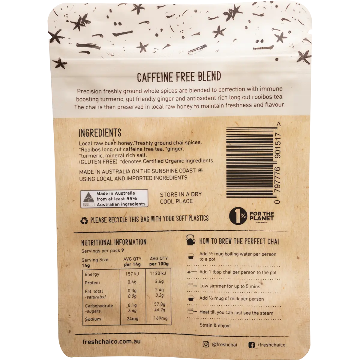 The Fresh Chai Co. Caffeine Free Blend Honey Soaked Chai — back pack image (UHP)