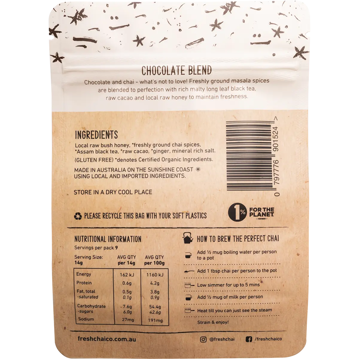 The Fresh Chai Co. Chocolate Blend Honey Soaked Chai — back pack image (UHP)