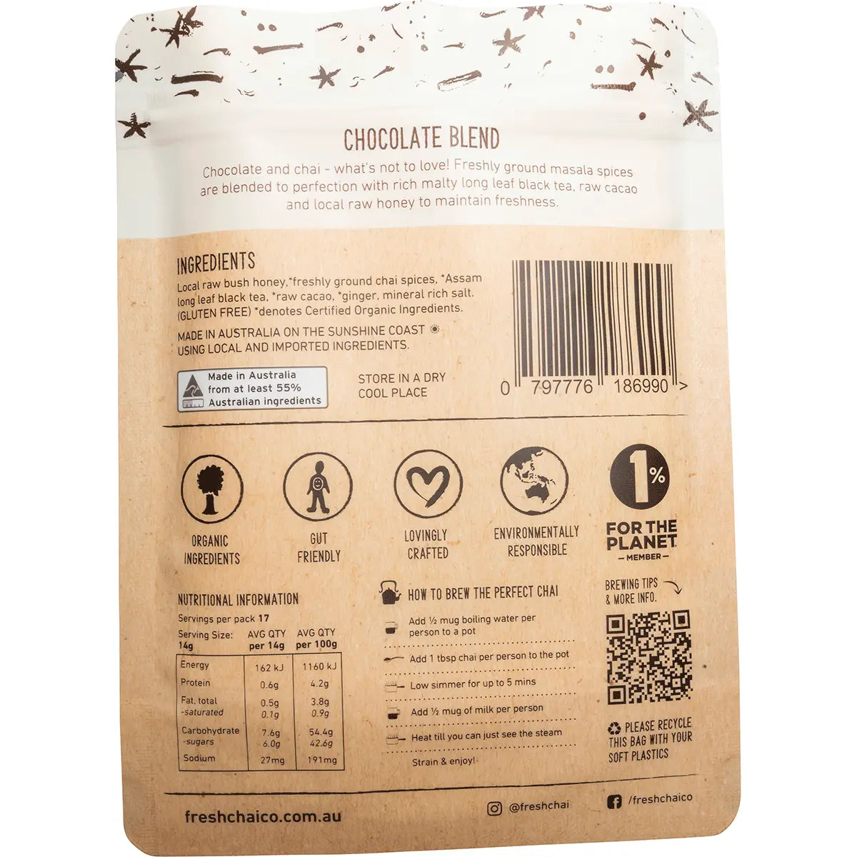 The Fresh Chai Co. Chocolate Blend Honey Soaked Chai — back pack image (UHP)