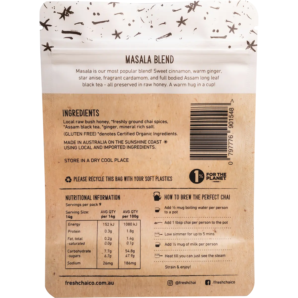 The Fresh Chai Co. Masala Blend Honey Soaked Chai — back pack image (UHP)