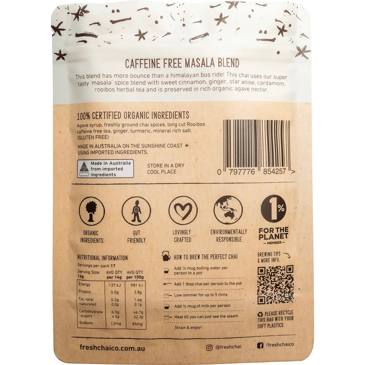 The Fresh Chai Co. Vegan Caffeine Free Masala Long Soaked Chai — back pack image (UHP)