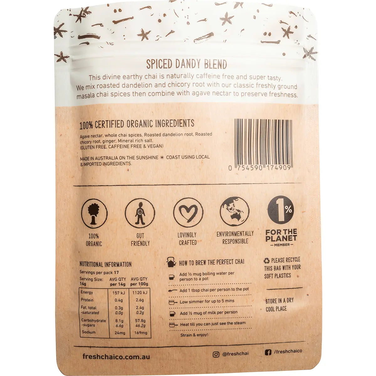 The Fresh Chai Co. Spiced Dandy Blend Fresh Sticky Chai — back pack image (UHP)