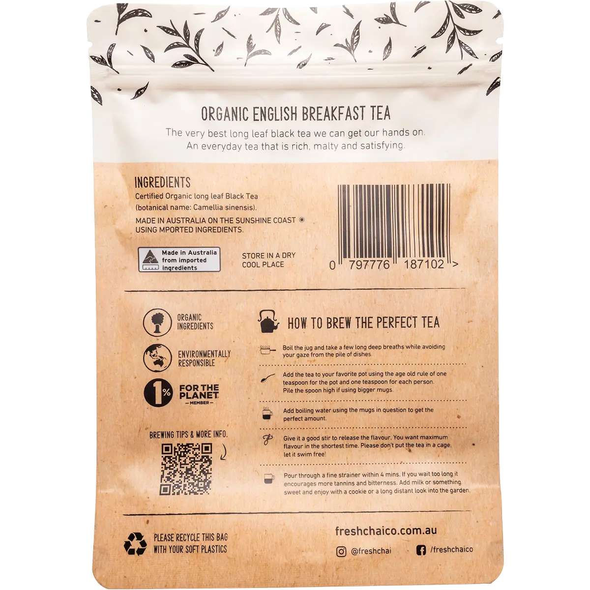 The Fresh Chai Co. Organic English Breakfast Loose Leaf Tea 200g — back pack image (UHP)