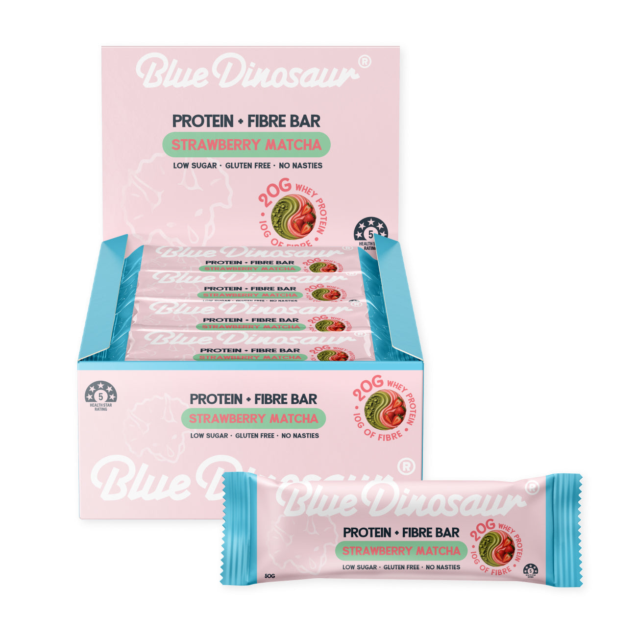 Blue Dinosaur Strawberry Matcha Protein + Fibre Bars x12 — official styled product lifestyle image