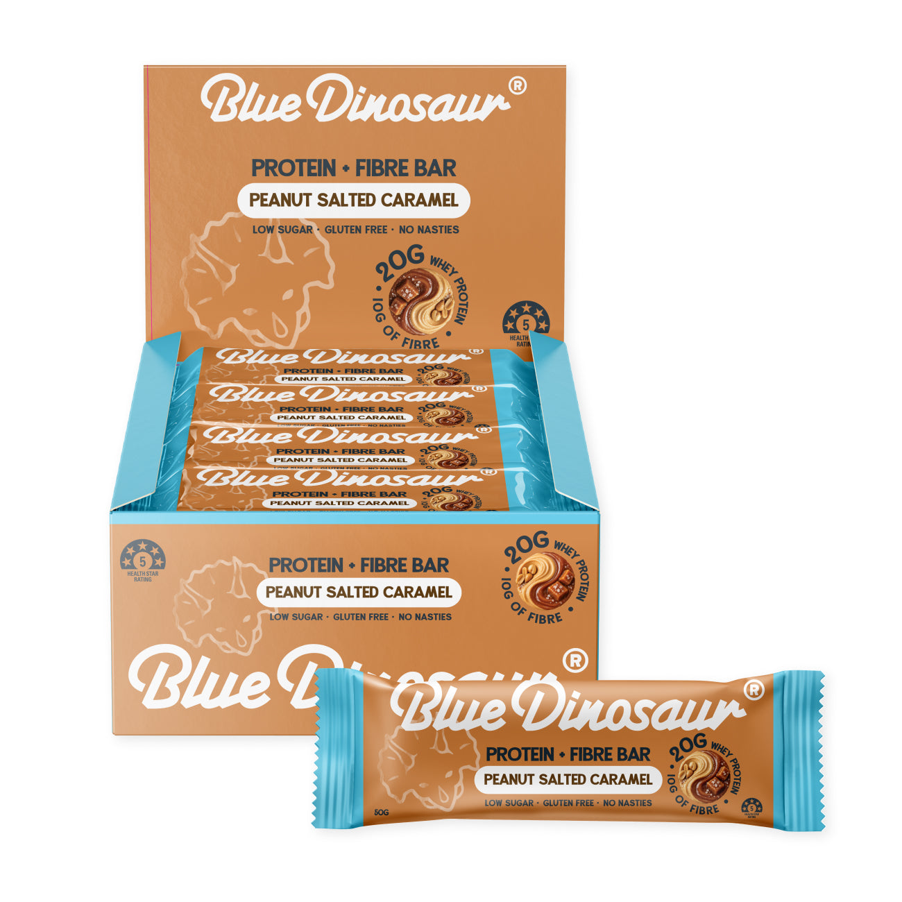 Blue Dinosaur Peanut Salted Caramel Protein + Fibre Bars x12 — official product gallery image