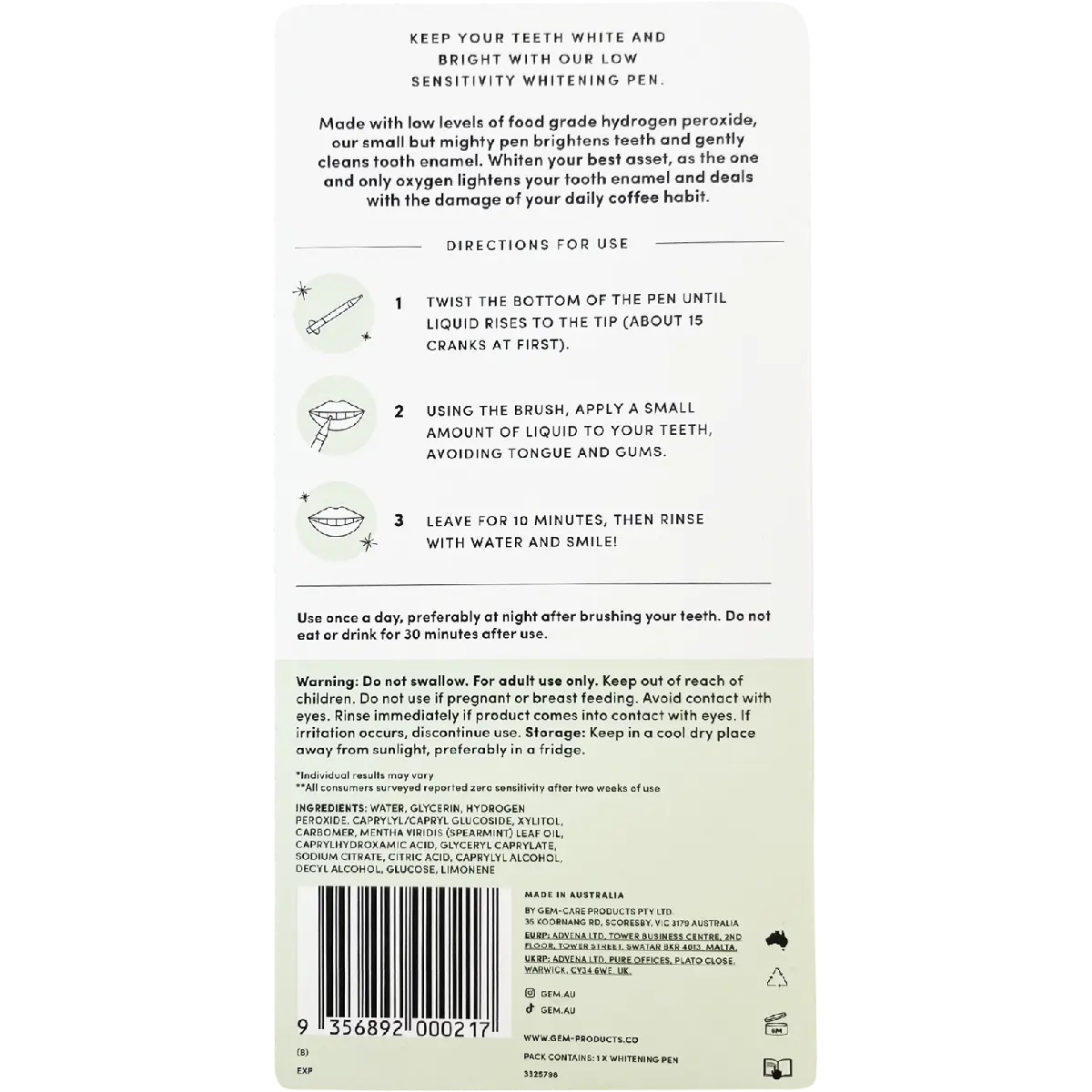 Gem Whitening Pen Crisp Mint (Whitens Enamel) 4ml — back pack image (UHP)