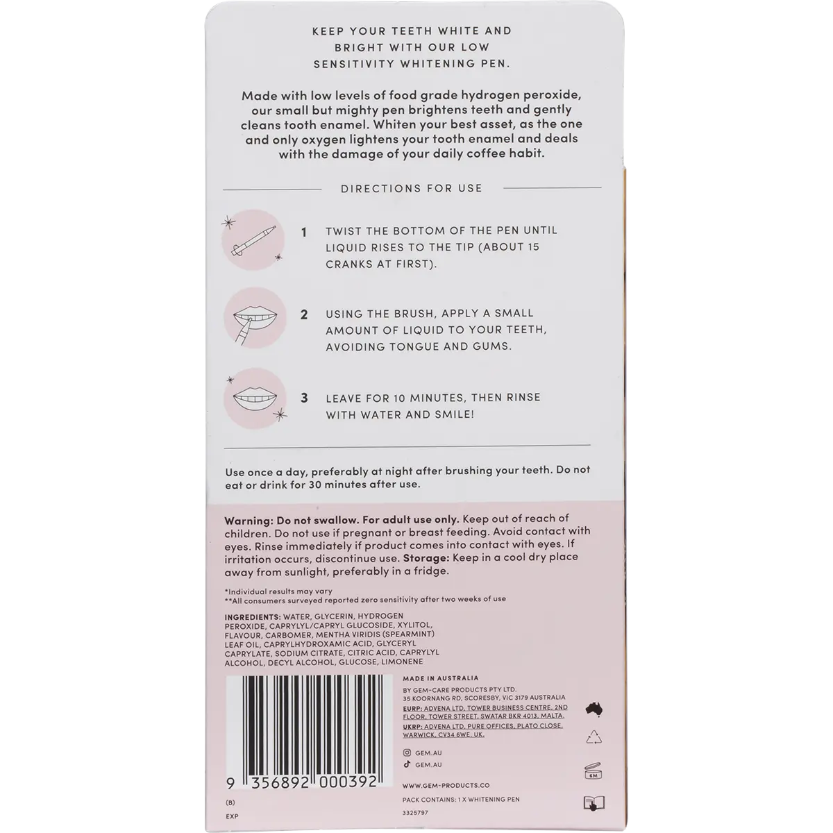 Gem Whitening Pen Coconut Mint (Whitens Enamel) 4ml — back pack image (UHP)