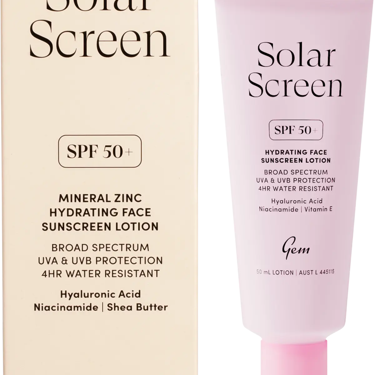 Gem Solar Screen SPF50+ Hydrating Face Sunscreen Lotion 50ml — front pack image (UHP)
