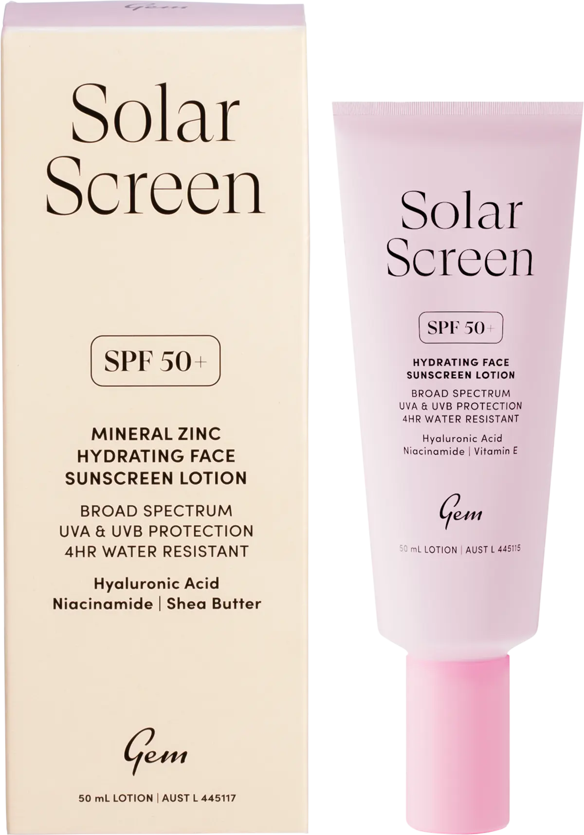 Gem Solar Screen SPF50+ Hydrating Face Sunscreen Lotion 50ml — front pack image (UHP)