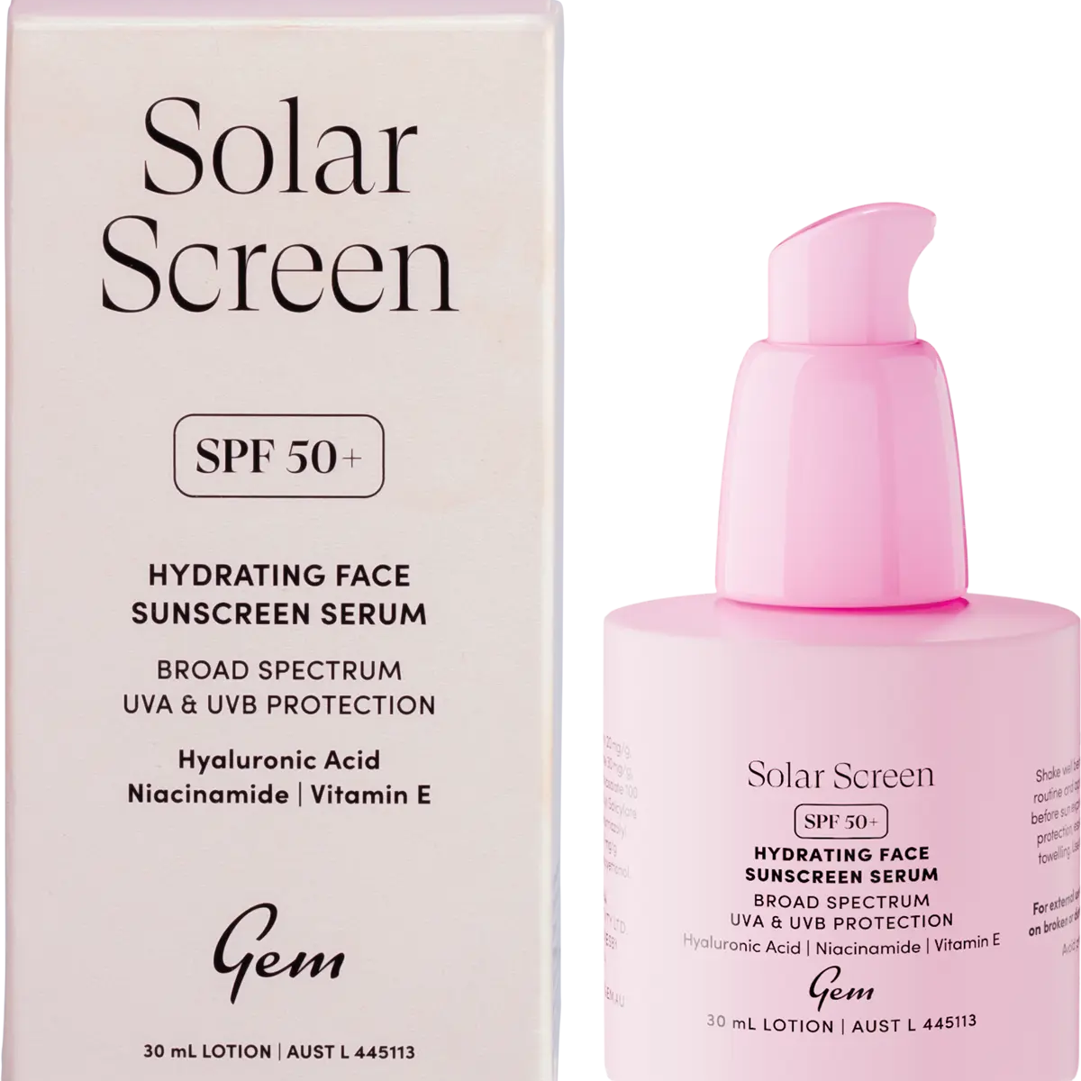 Gem Solar Screen SPF50+ Hydrating Face Sunscreen Serum 30ml — front pack image (UHP)