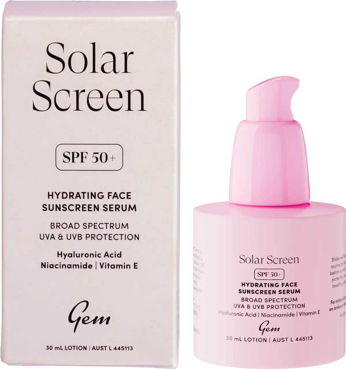 Gem Solar Screen SPF50+ Hydrating Face Sunscreen Serum 30ml — front pack image (UHP)