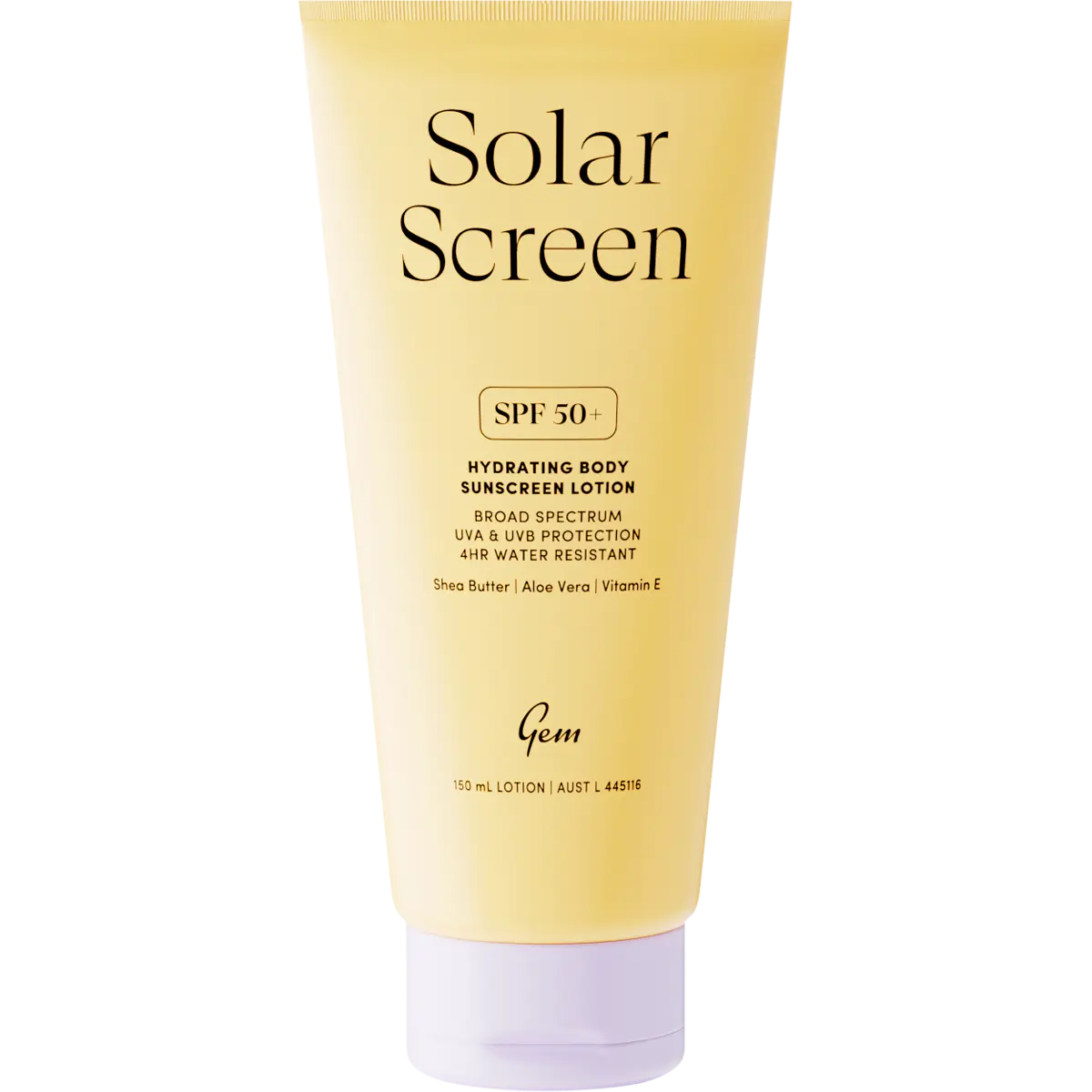 Gem Solar Screen SPF50+ Hydrating Body Sunscreen Lotion 150ml — front pack image (UHP)