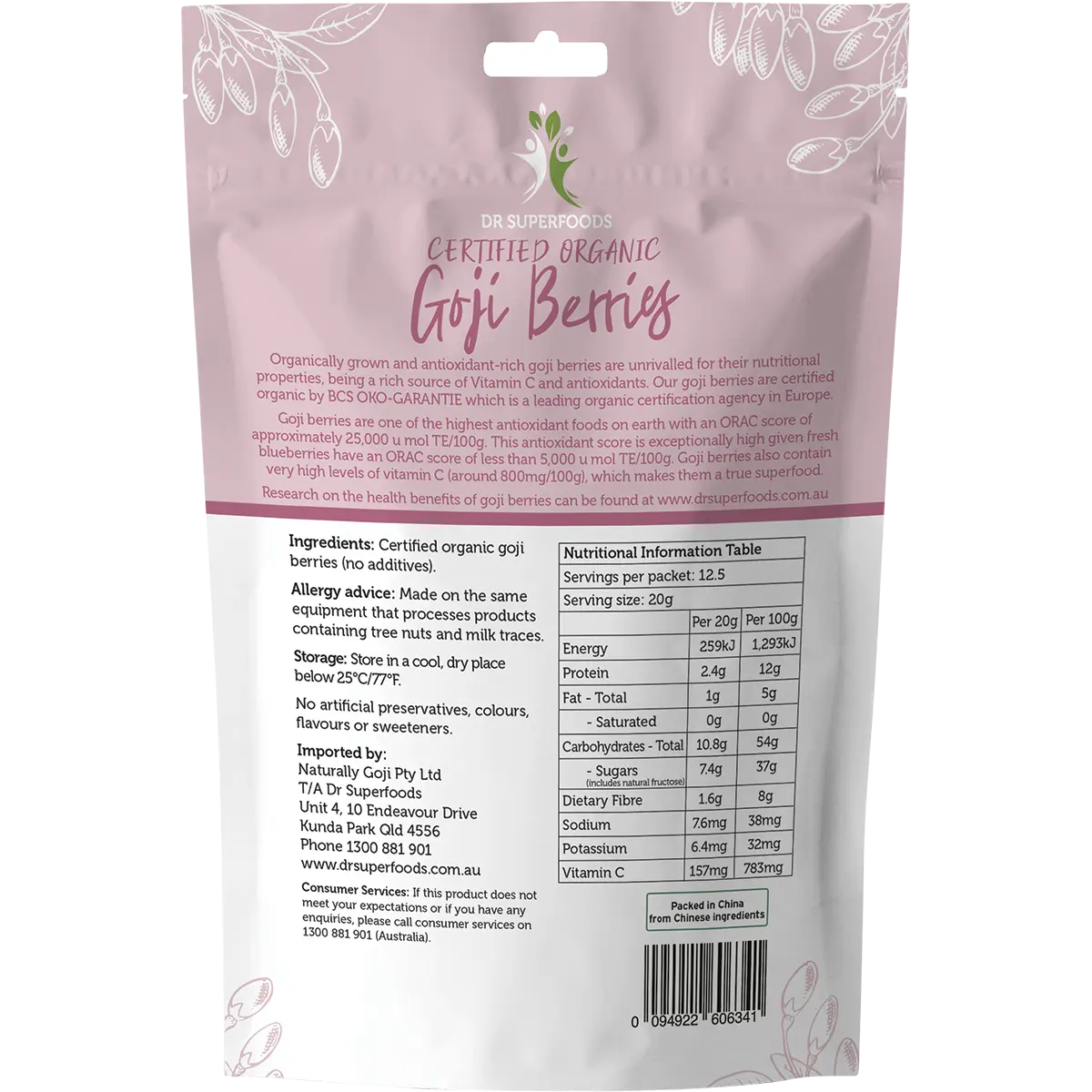Dr Superfoods Dried Goji Berries Certified Organic — back pack image (UHP)