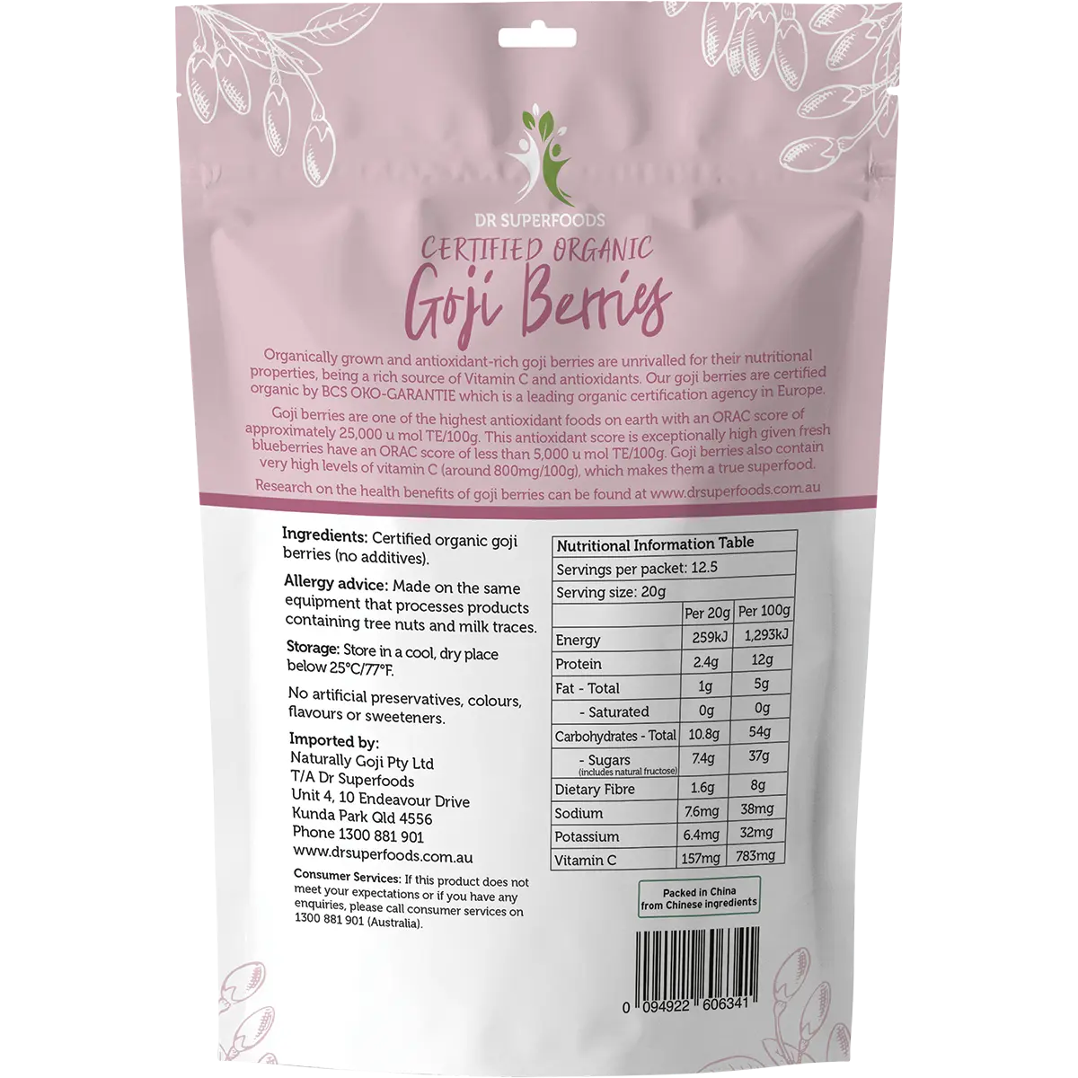 Dr Superfoods Dried Goji Berries Certified Organic — back pack image (UHP)