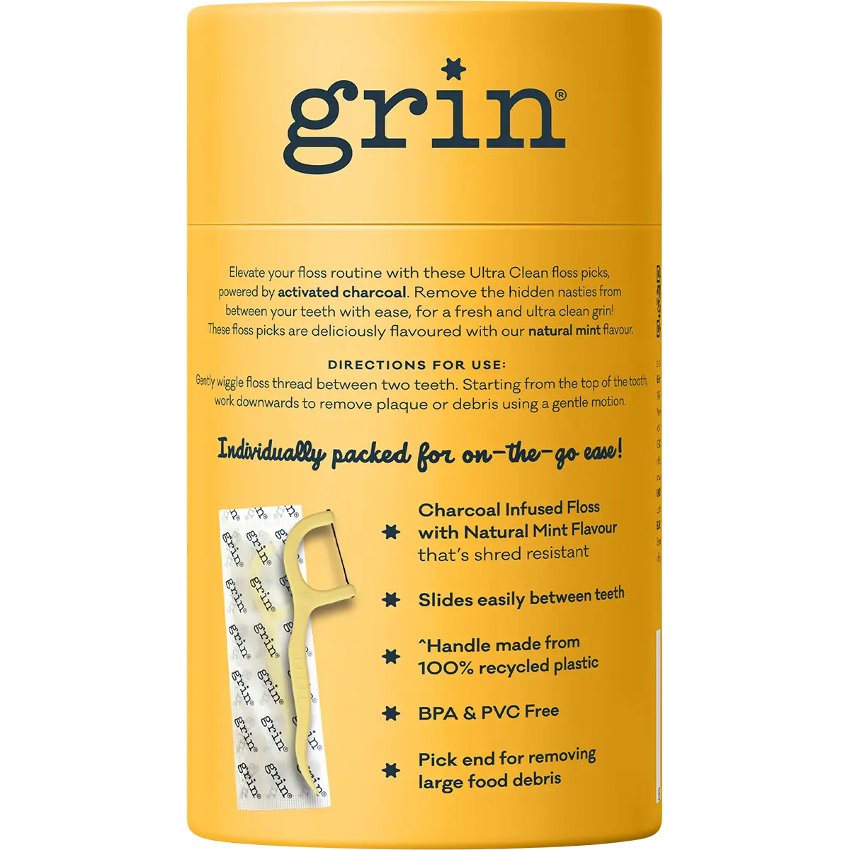 Grin Charcoal Infused Floss Picks Ultra Clean 40pcs — right side of pack